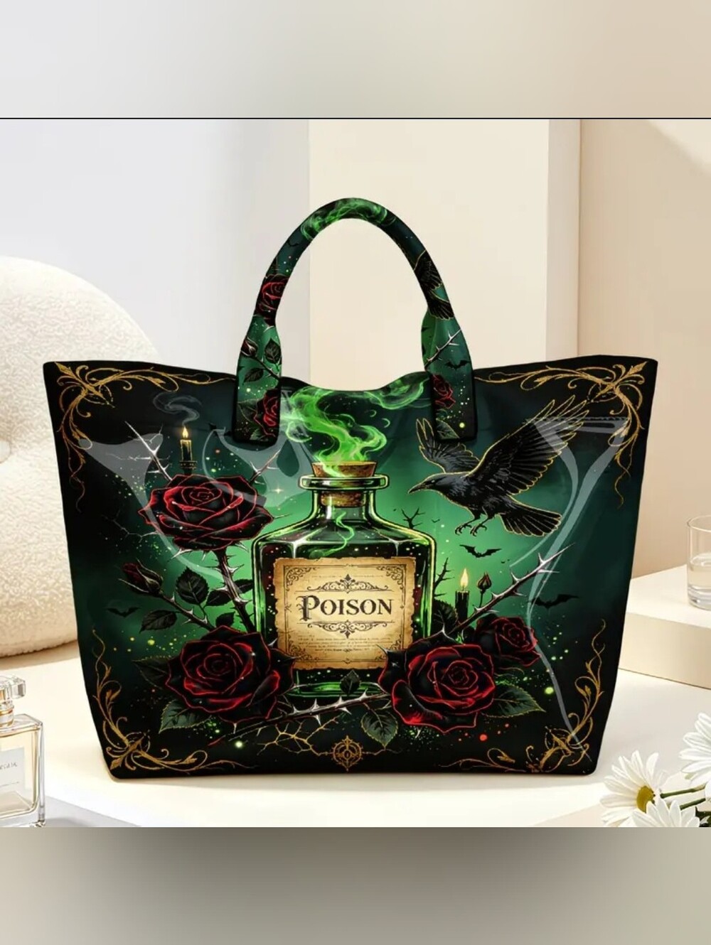 Women Dark Side Raven Rose Gothic Poison PVC Daily Cmmute Tote Bag